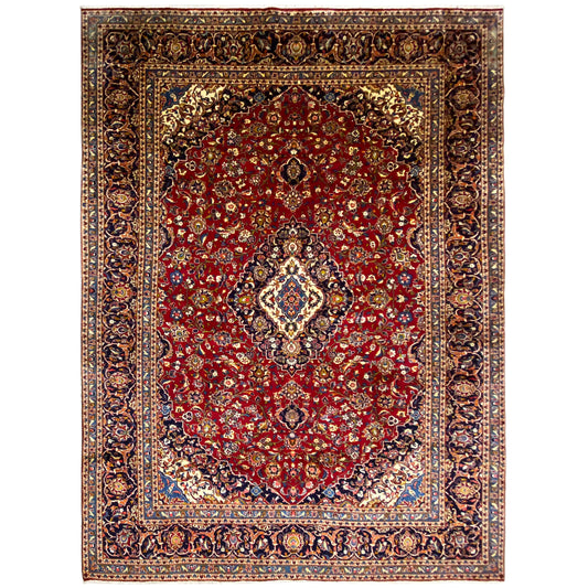 Rot-blauer Orientteppich mit Mittelmedaillon und ornamentierter Bordüre, rechteckig