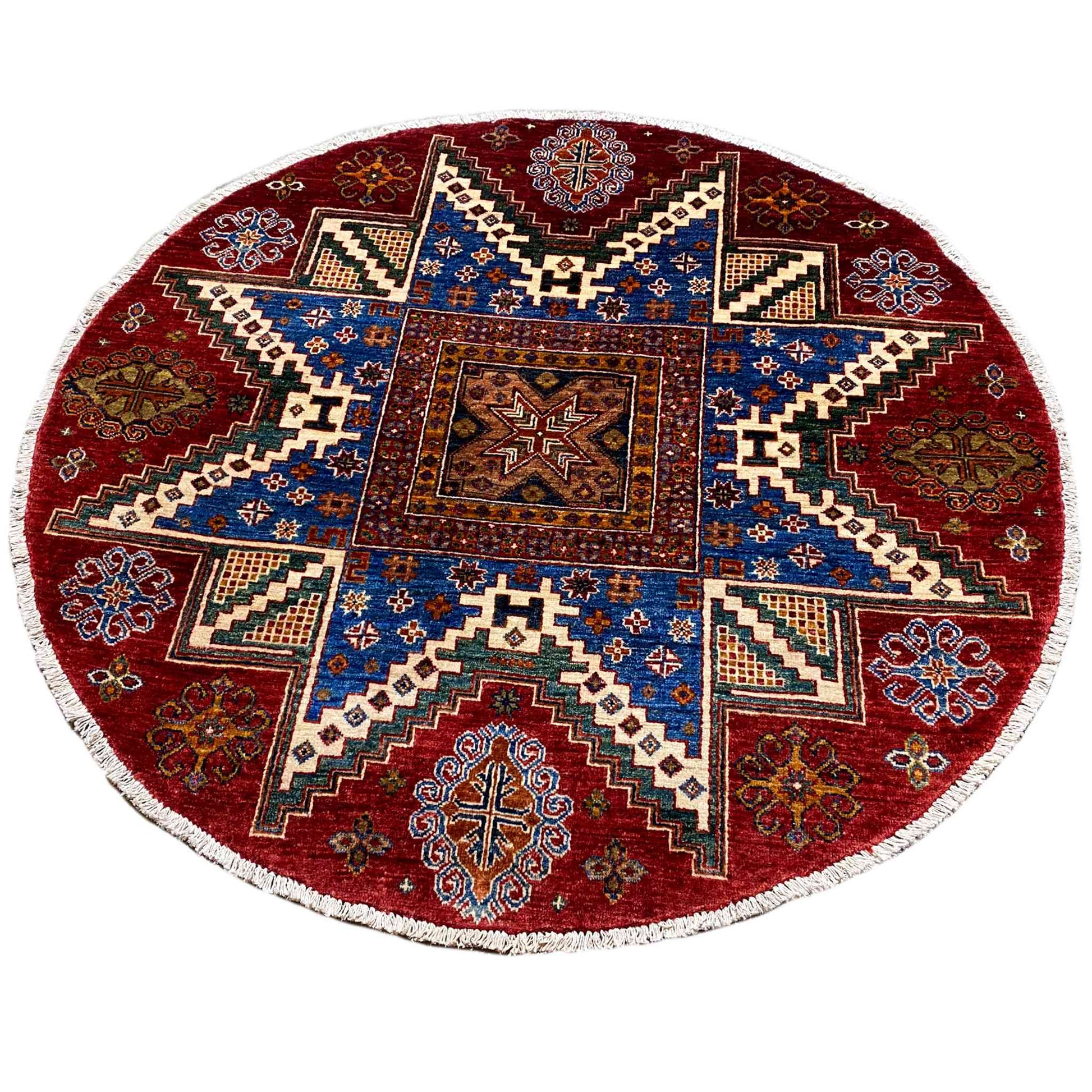 Handgeknüpfter runder Woll-Khorjin-Teppich, Rot & Blau, 139x140 cm - German Carpet Shop