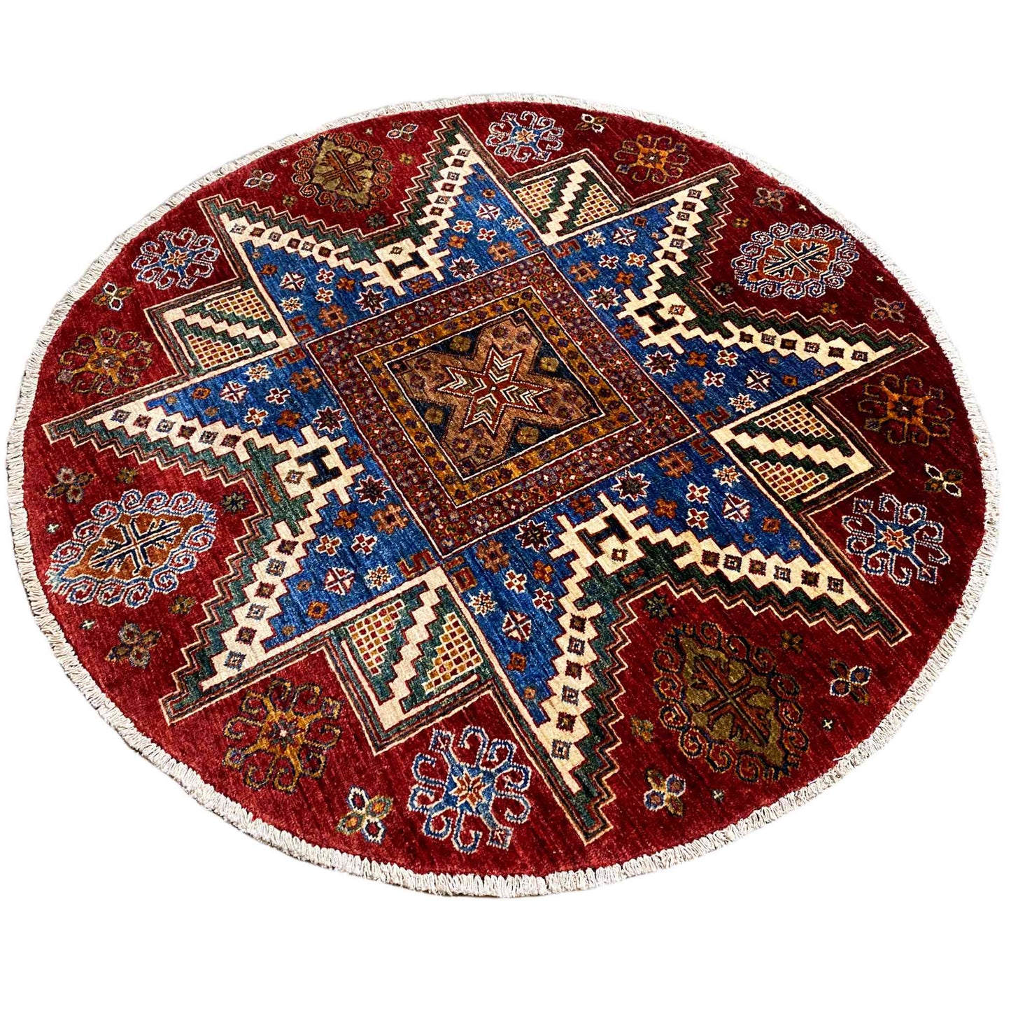 Handgeknüpfter runder Woll-Khorjin-Teppich, Rot & Blau, 139x140 cm - German Carpet Shop