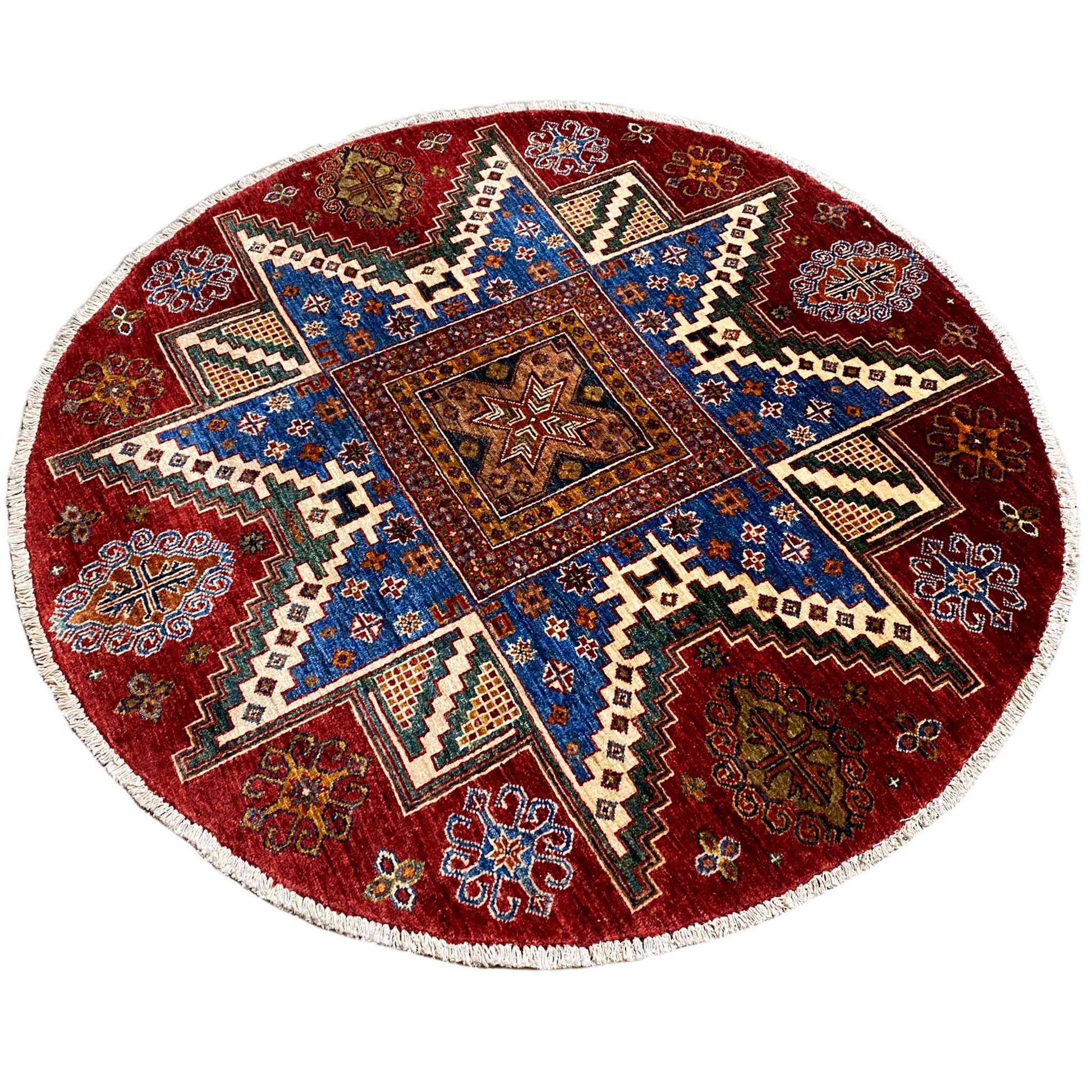 Handgeknüpfter runder Woll-Khorjin-Teppich, Rot & Blau, 139x140 cm - German Carpet Shop