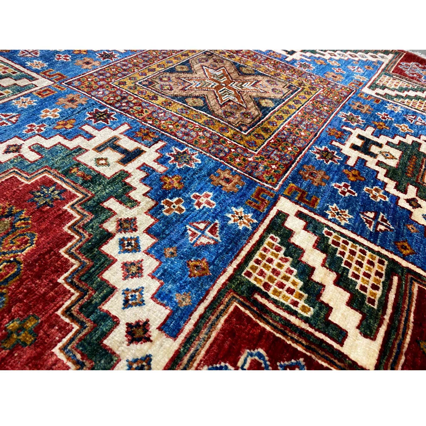 Handgeknüpfter runder Woll-Khorjin-Teppich, Rot & Blau, 139x140 cm - German Carpet Shop