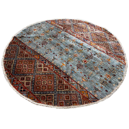Runder Handgeknüpfter Wollteppich in Blau & Braun, 198x196 cm - German Carpet Shop