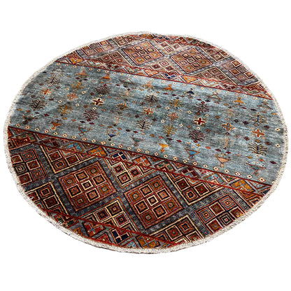 Runder Handgeknüpfter Wollteppich in Blau & Braun, 198x196 cm - German Carpet Shop