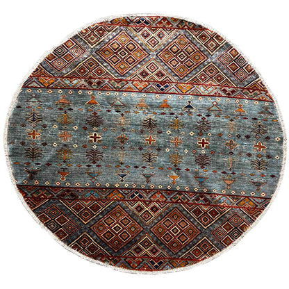 Runder Handgeknüpfter Wollteppich in Blau & Braun, 198x196 cm - German Carpet Shop