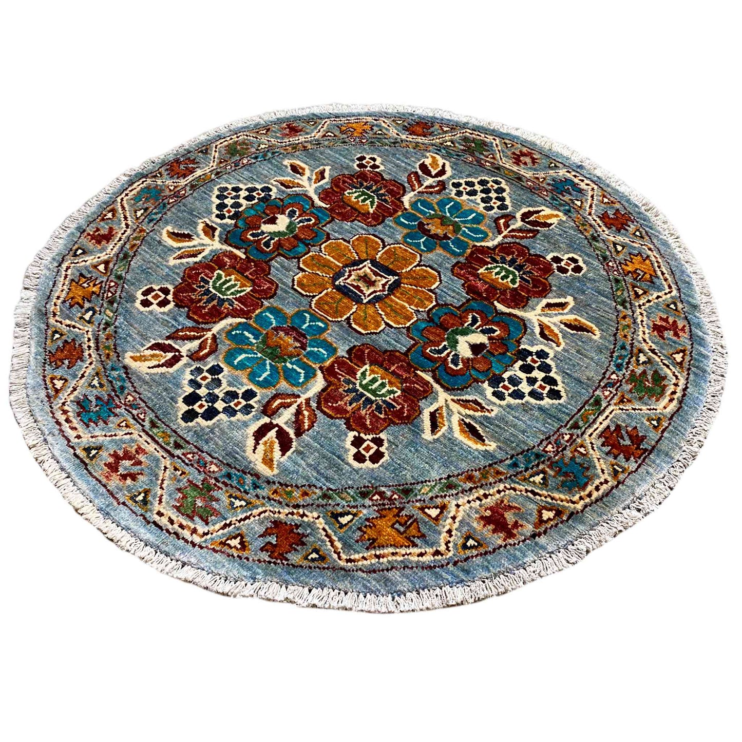 Khorjin-Wollteppich, Blaues Blumenmuster, 108x107 cm - German Carpet Shop