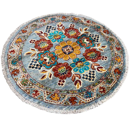Khorjin-Wollteppich, Blaues Blumenmuster, 108x107 cm - German Carpet Shop
