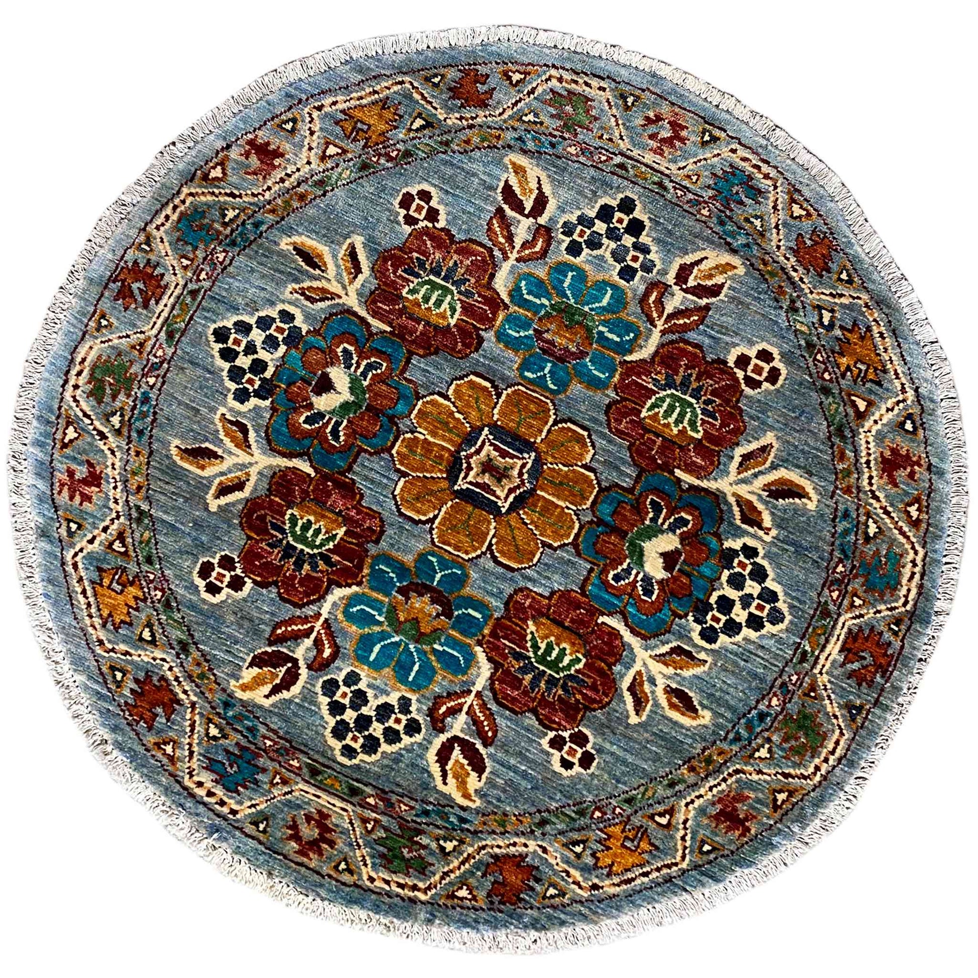 Khorjin-Wollteppich, Blaues Blumenmuster, 108x107 cm - German Carpet Shop