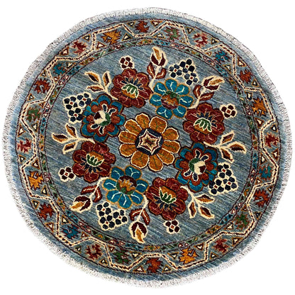 Khorjin-Wollteppich, Blaues Blumenmuster, 108x107 cm - German Carpet Shop