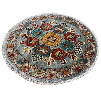 Khorjin-Wollteppich mit Blauem Blumenmuster, 108x106 cm - German Carpet Shop