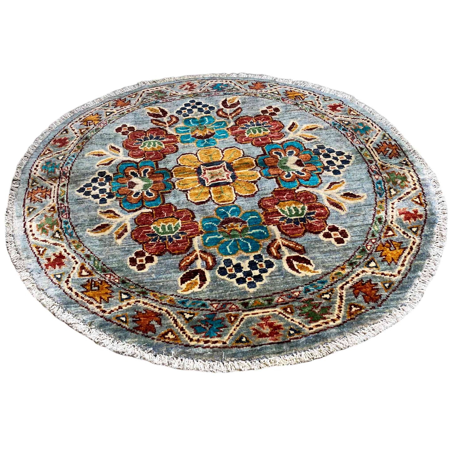 Khorjin-Wollteppich mit Blauem Blumenmuster, 108x106 cm - German Carpet Shop