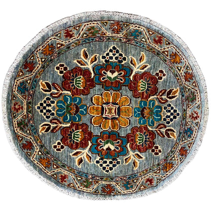 Khorjin-Wollteppich mit Blauem Blumenmuster, 108x106 cm - German Carpet Shop