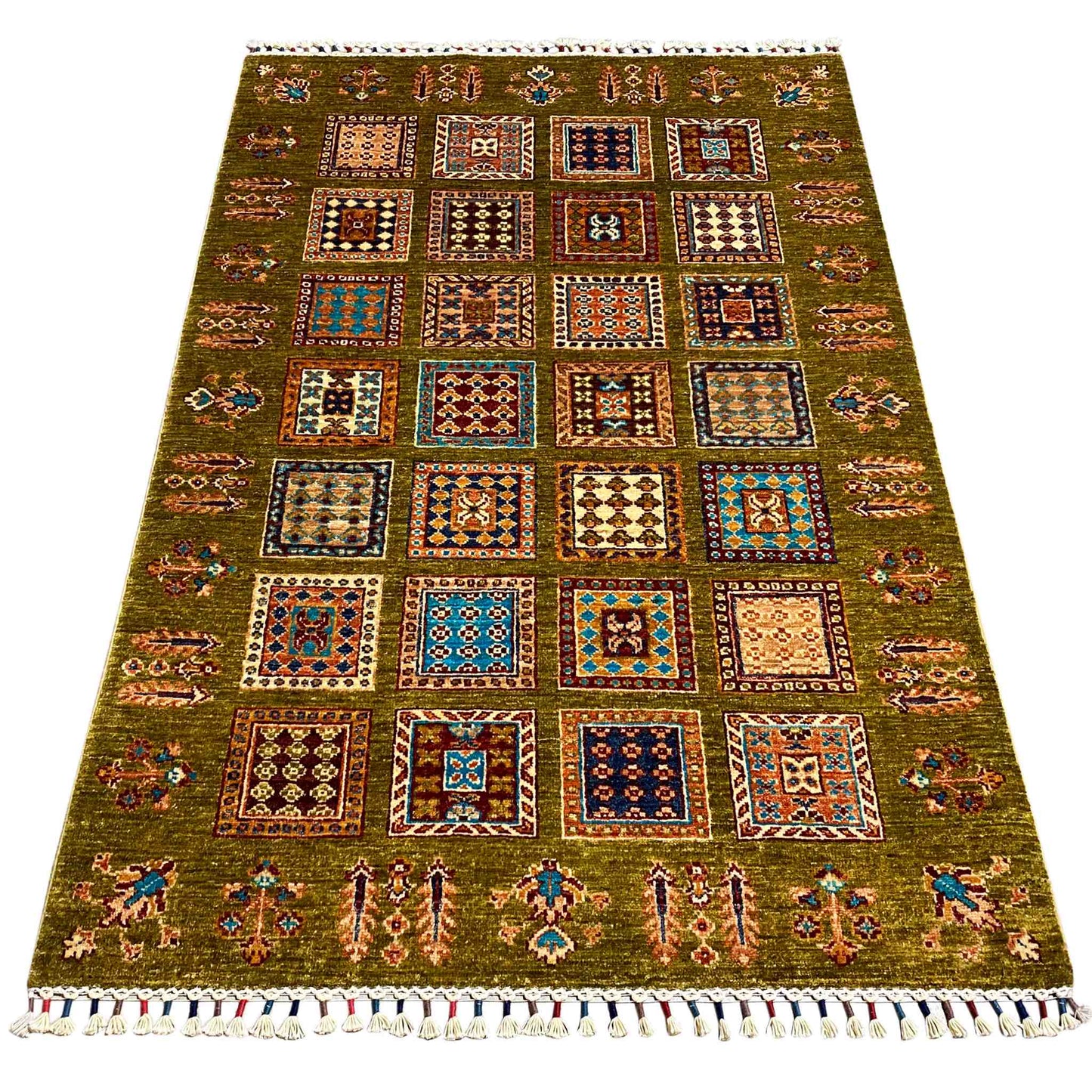 Afghanischer Khorjin Teppich, Olivgrün, 161x107 cm - German Carpet Shop