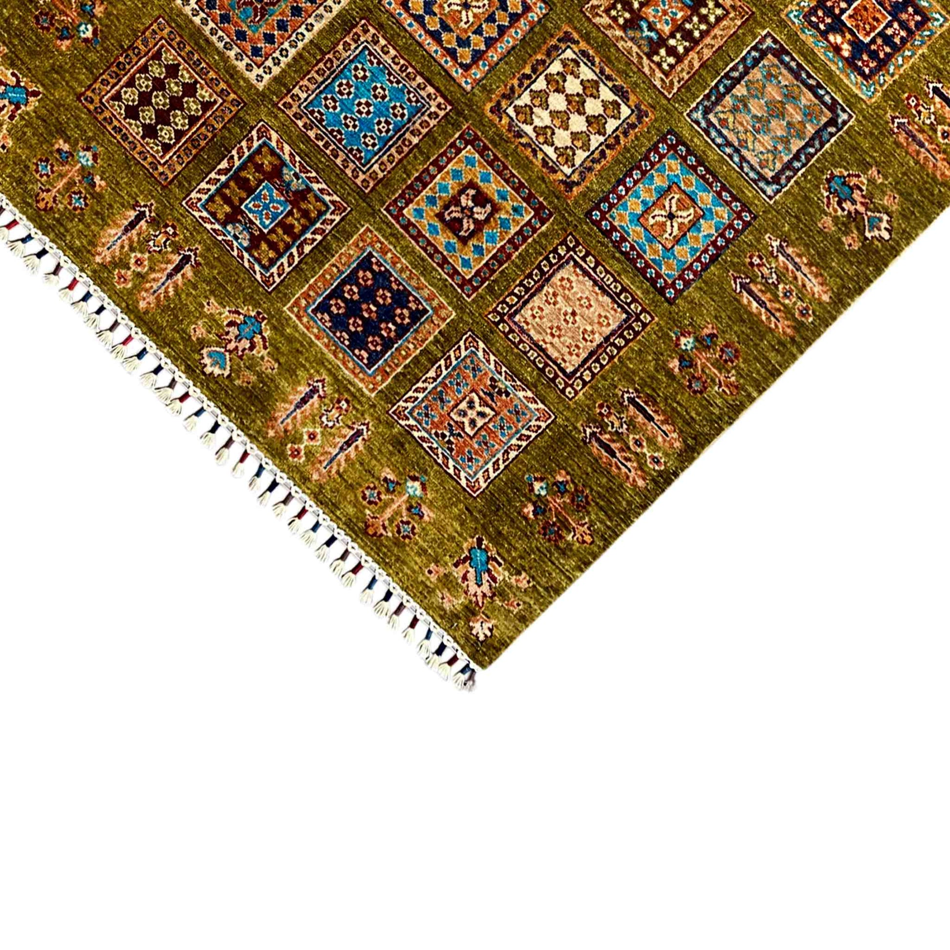 Afghanischer Khorjin Teppich, Olivgrün, 161x107 cm - German Carpet Shop