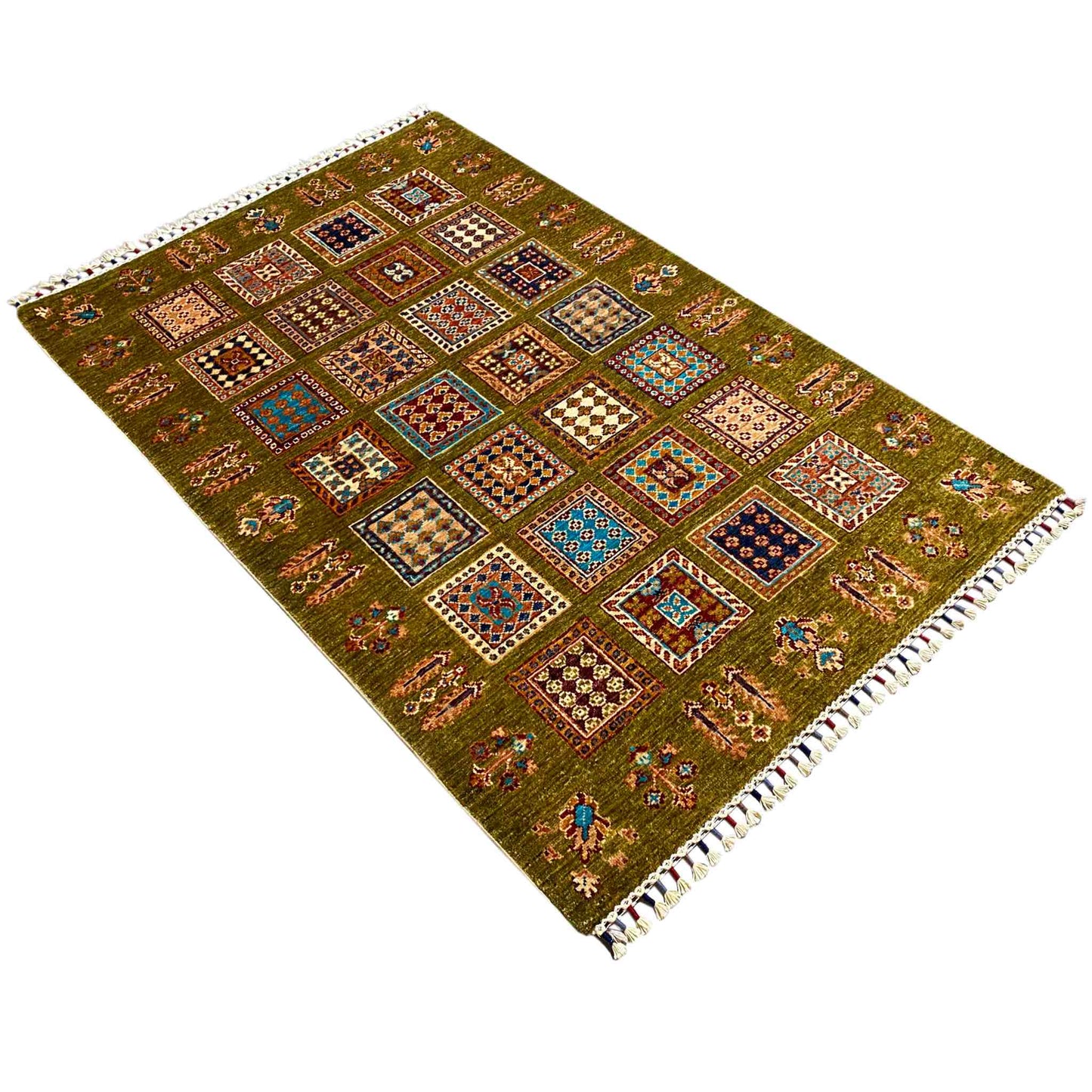 Afghanischer Khorjin Wollteppich, Olivgrün, 165x105 cm - German Carpet Shop