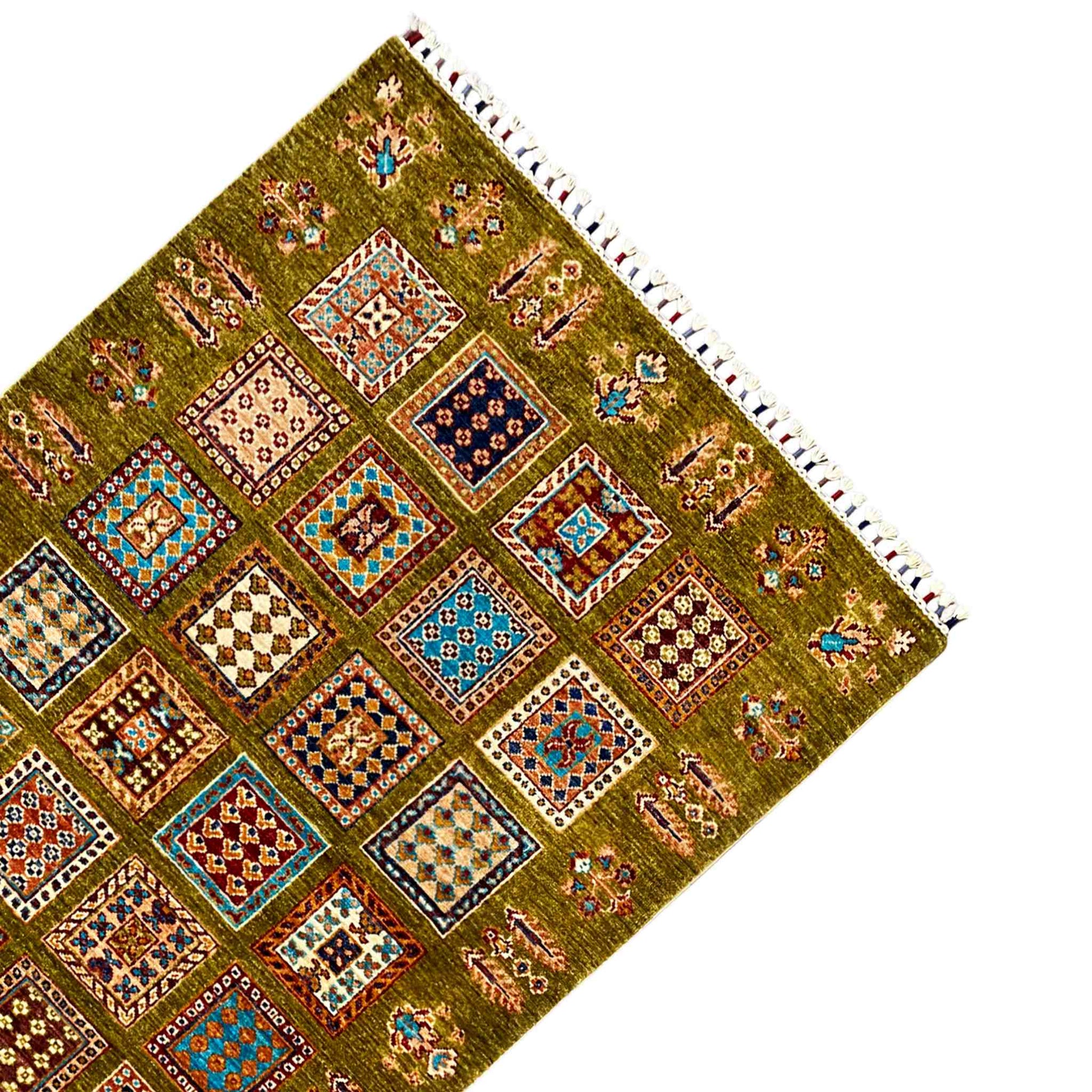 Afghanischer Khorjin Wollteppich, Olivgrün, 165x105 cm - German Carpet Shop