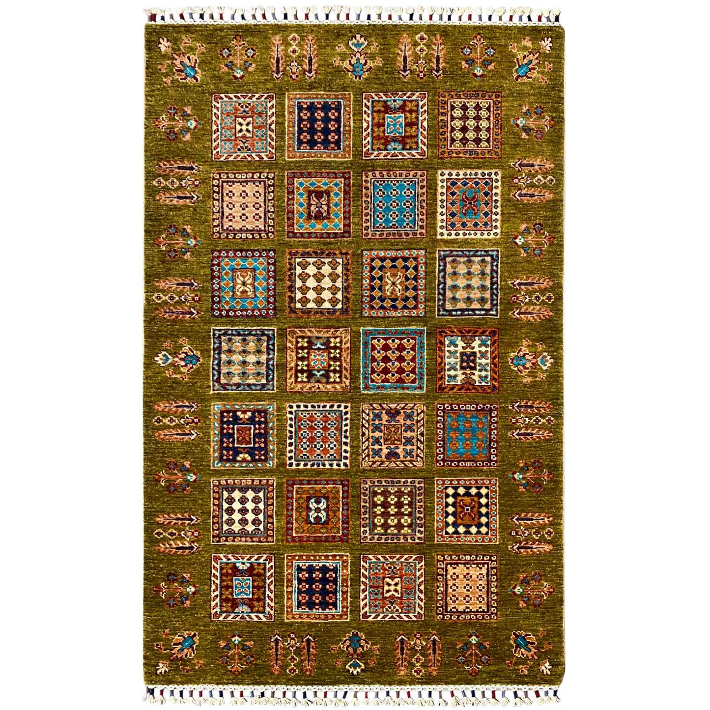 Afghanischer Khorjin Wollteppich, Olivgrün, 165x105 cm - German Carpet Shop