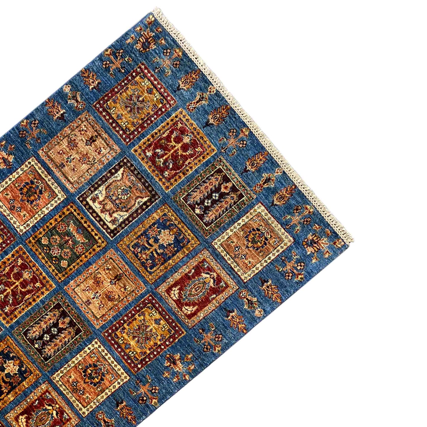 Khorjin Teppich - Blaues Feld mit geometrischen Mustern, 168x106 cm - German Carpet Shop