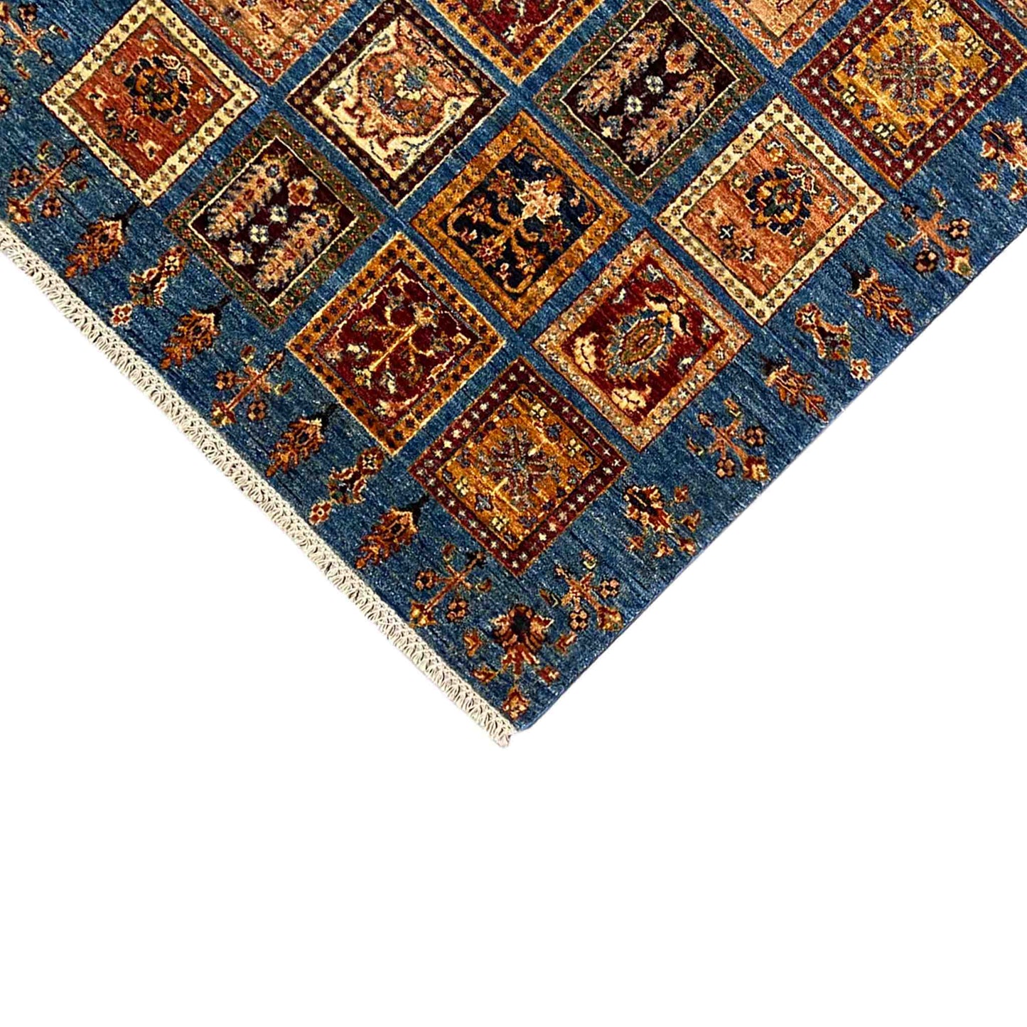 Khorjin Teppich - Blaues Feld mit geometrischen Mustern, 168x106 cm - German Carpet Shop