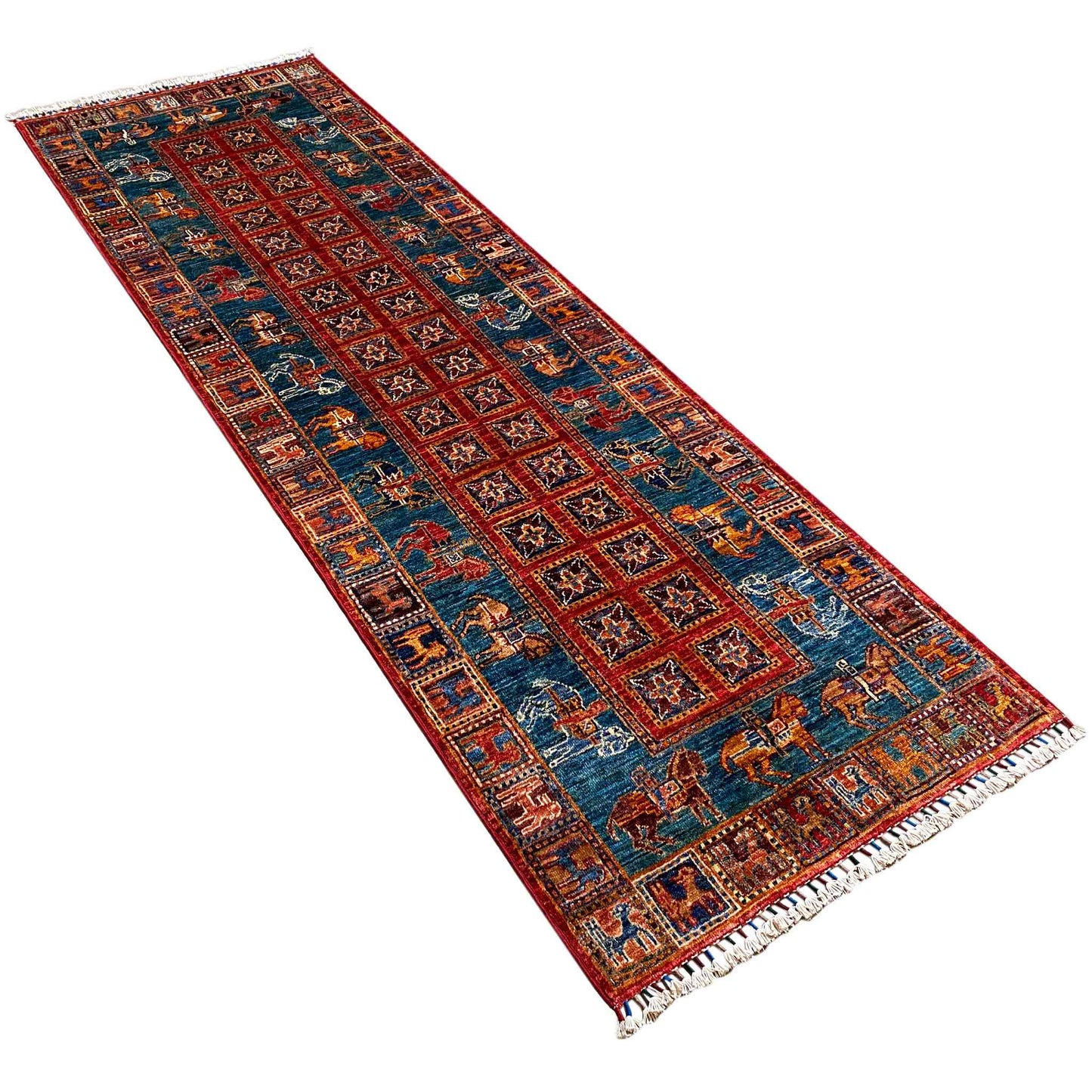Afghan Khorjin Läufer Teppich – Blau & Rot, 256x85 cm - German Carpet Shop