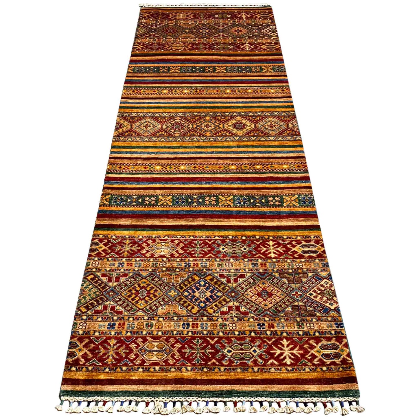 Khorjin-Läuferteppich - Stammesstreifen- und Geometrisches Design, 271x91 cm - German Carpet Shop