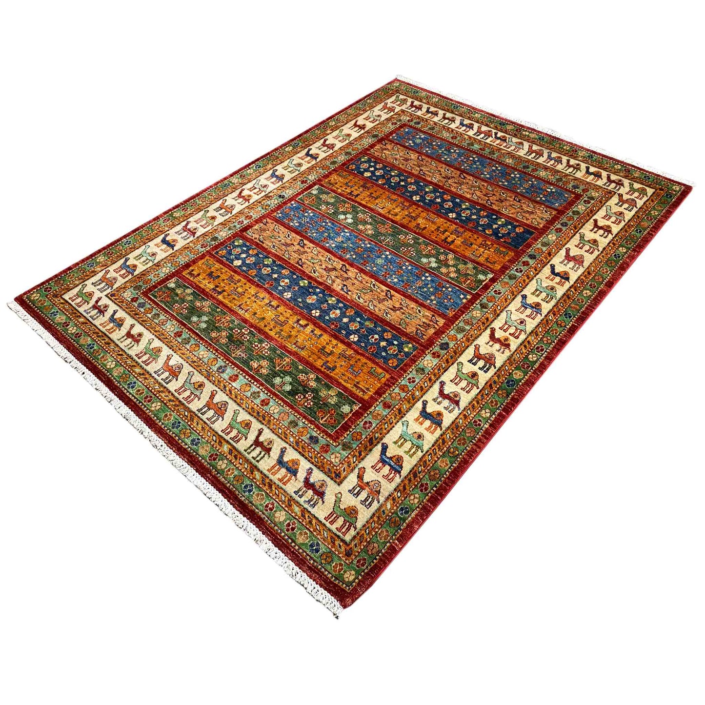 Khorjin-Teppich - Kamelmotiv & Stammesstreifen, 203x153 cm - German Carpet Shop