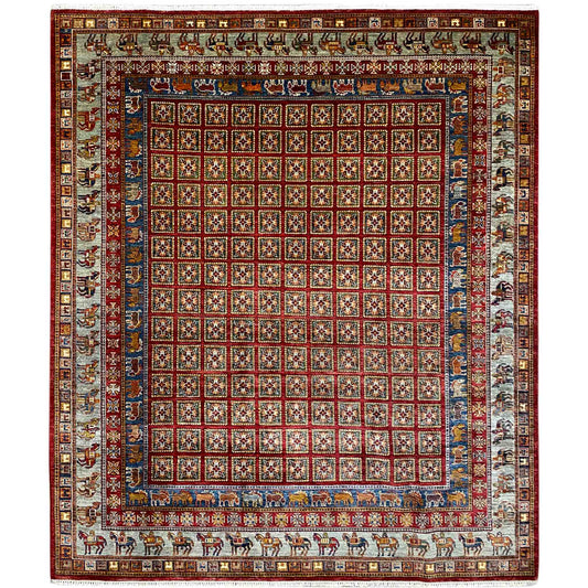 Khorjin Teppich - Geometrisches Paneel, Reiches Rot & Stammesbordüren, 285x258 cm - German Carpet Shop