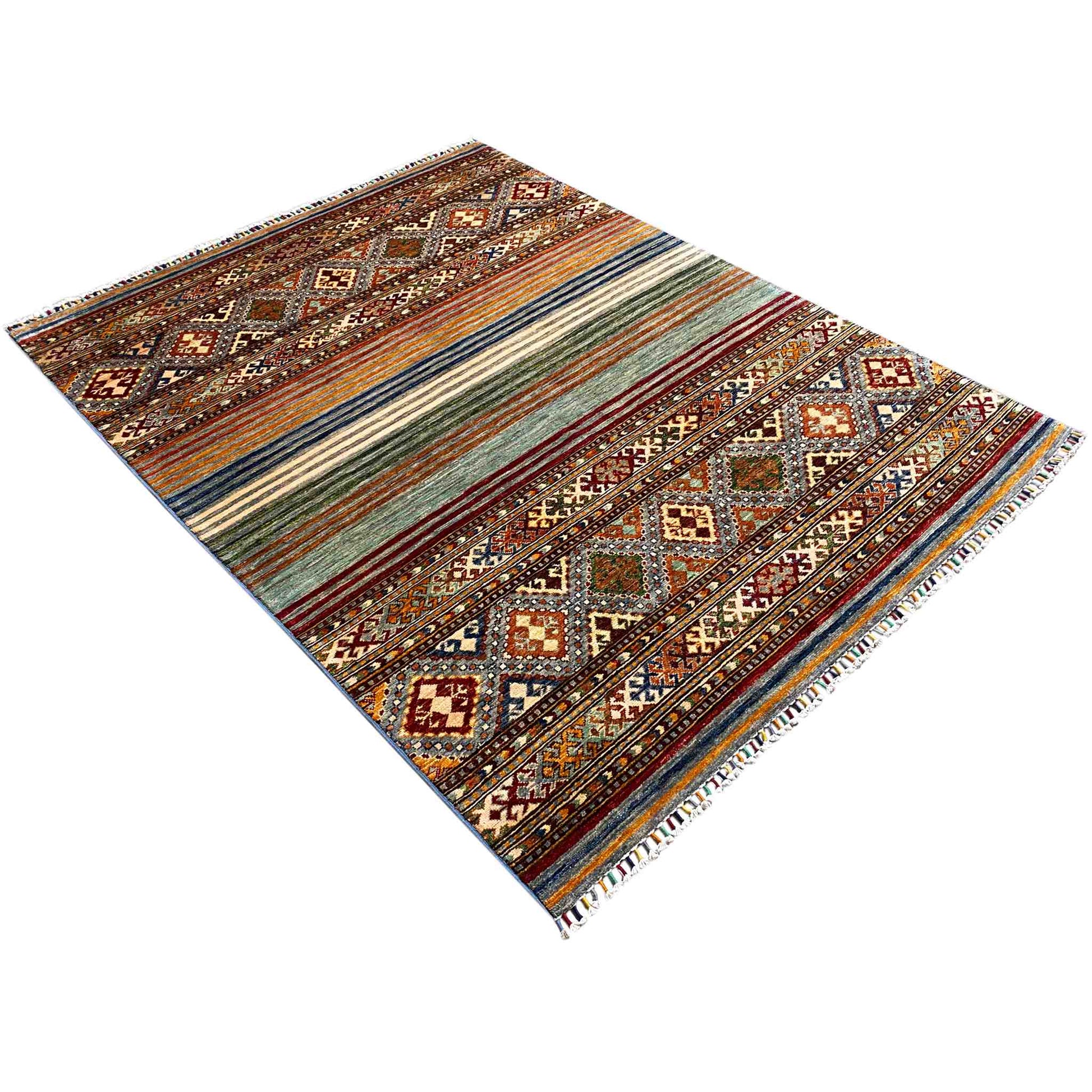 Khorjin Teppich - Lebhafte Streifen & Rautenmotive, 201x157 cm - German Carpet Shop