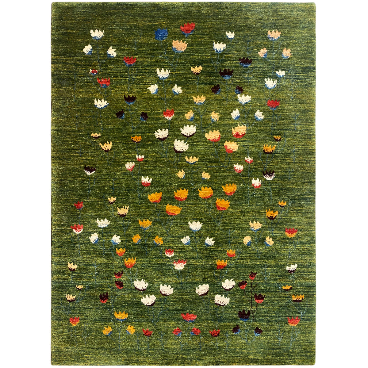 Rechteckiger Teppich mit dichtem Muster aus bunten Blumen- und Tiermotiven