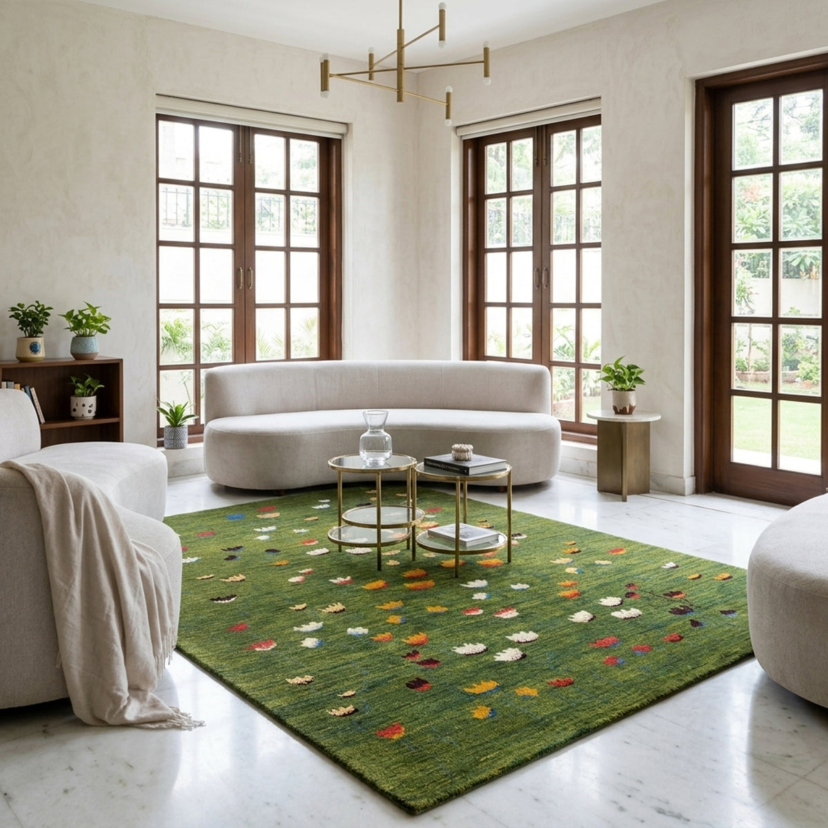 Olivgrüner rechteckiger Teppich mit bunten Blumen- und Tiermotiven im Wohnraum