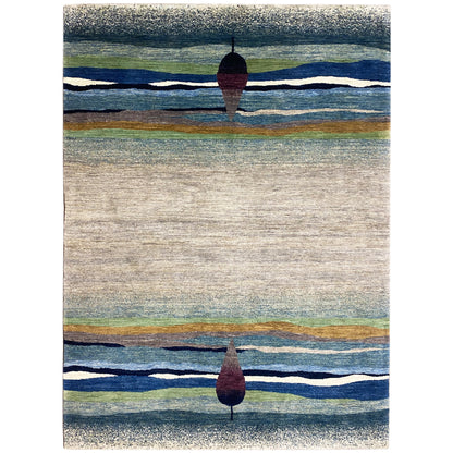 Rechteckiger Teppich mit horizontalen Streifen in Blaugrün und Beige, zwei burgunder Motive