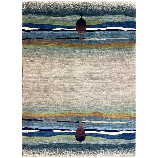 Rechteckiger Teppich mit horizontalen Streifen in Blaugrün und Beige, zwei burgunder Motive