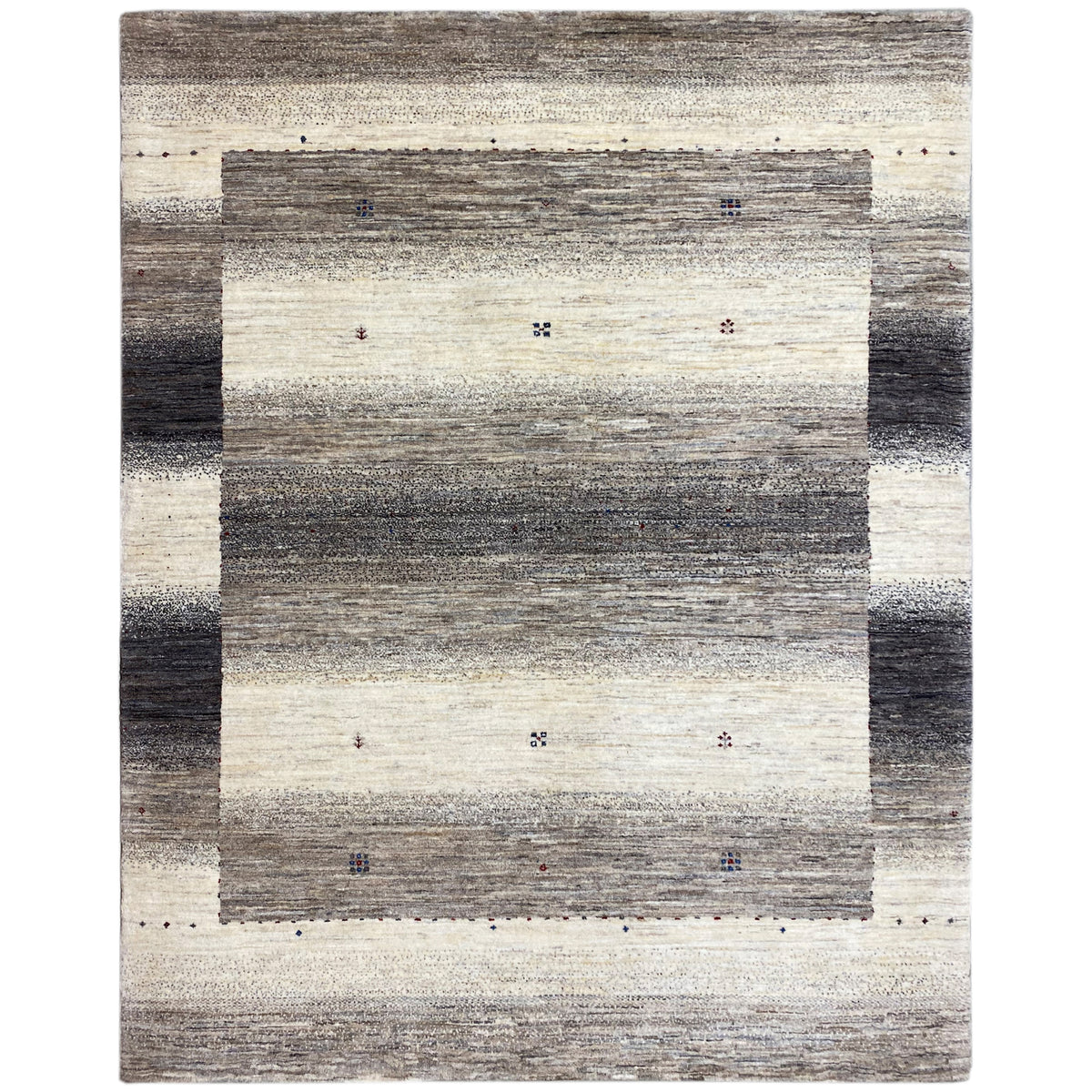 Gabbeh-Luri-Teppich 197x147 mit grauem und beigem Streifen- und Balkenmuster