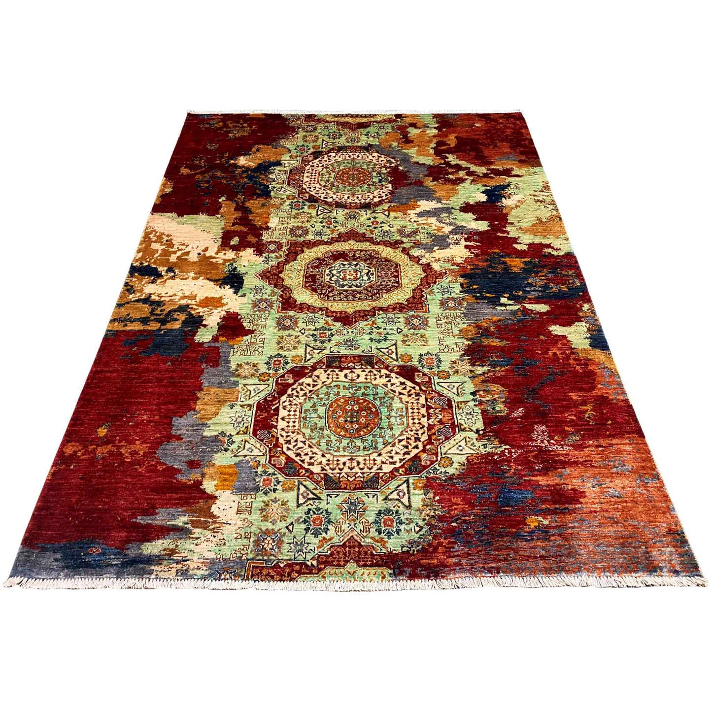 Mamluk Handgeknüpfter Teppich Rot Grün 237x176 cm - German Carpet Shop