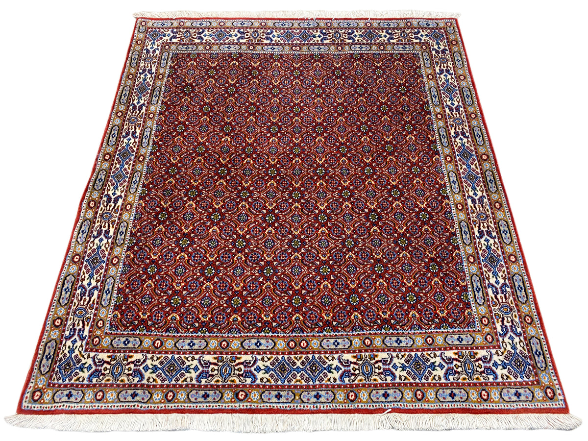 Orientteppich 132x122 cm, roter Musterteppich mit farbiger Rahmenbordüre