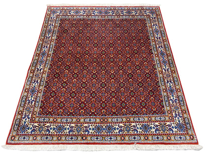 Orientteppich 132x122 cm, roter Musterteppich mit farbiger Rahmenbordüre
