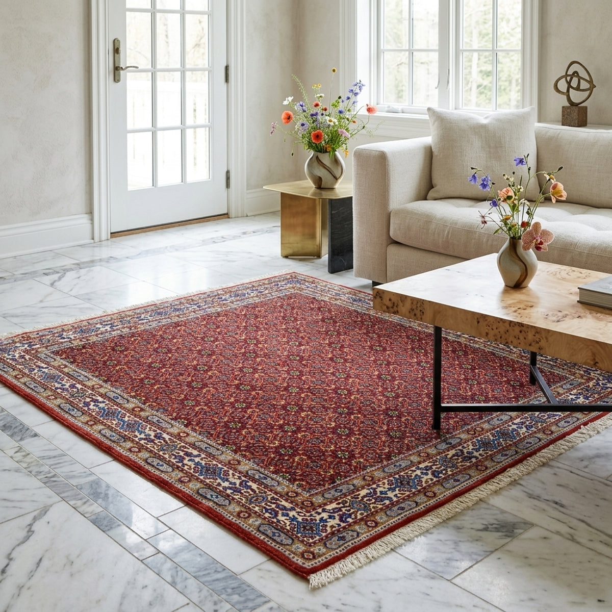 Orientteppich 132x122 cm mit rotem Vintage-Muster und creme-blauem Rand