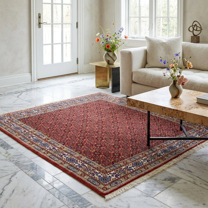 Orientteppich 132x122 cm mit rotem Vintage-Muster und creme-blauem Rand