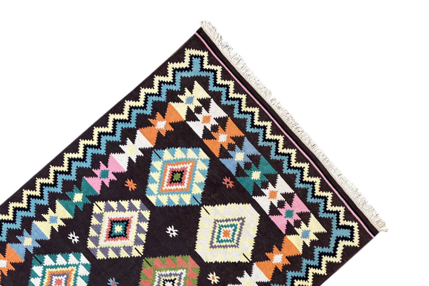 Handgewebter Wollen Kelim Dhurrie Teppich - 240x170cm (8x6ft) - Lebhaftes Tribal-Muster - German Carpet Shop