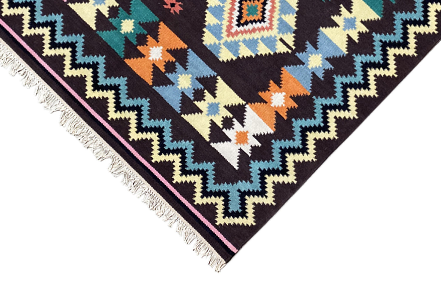 Handgewebter Wollen Kelim Dhurrie Teppich - 240x170cm (8x6ft) - Lebhaftes Tribal-Muster - German Carpet Shop