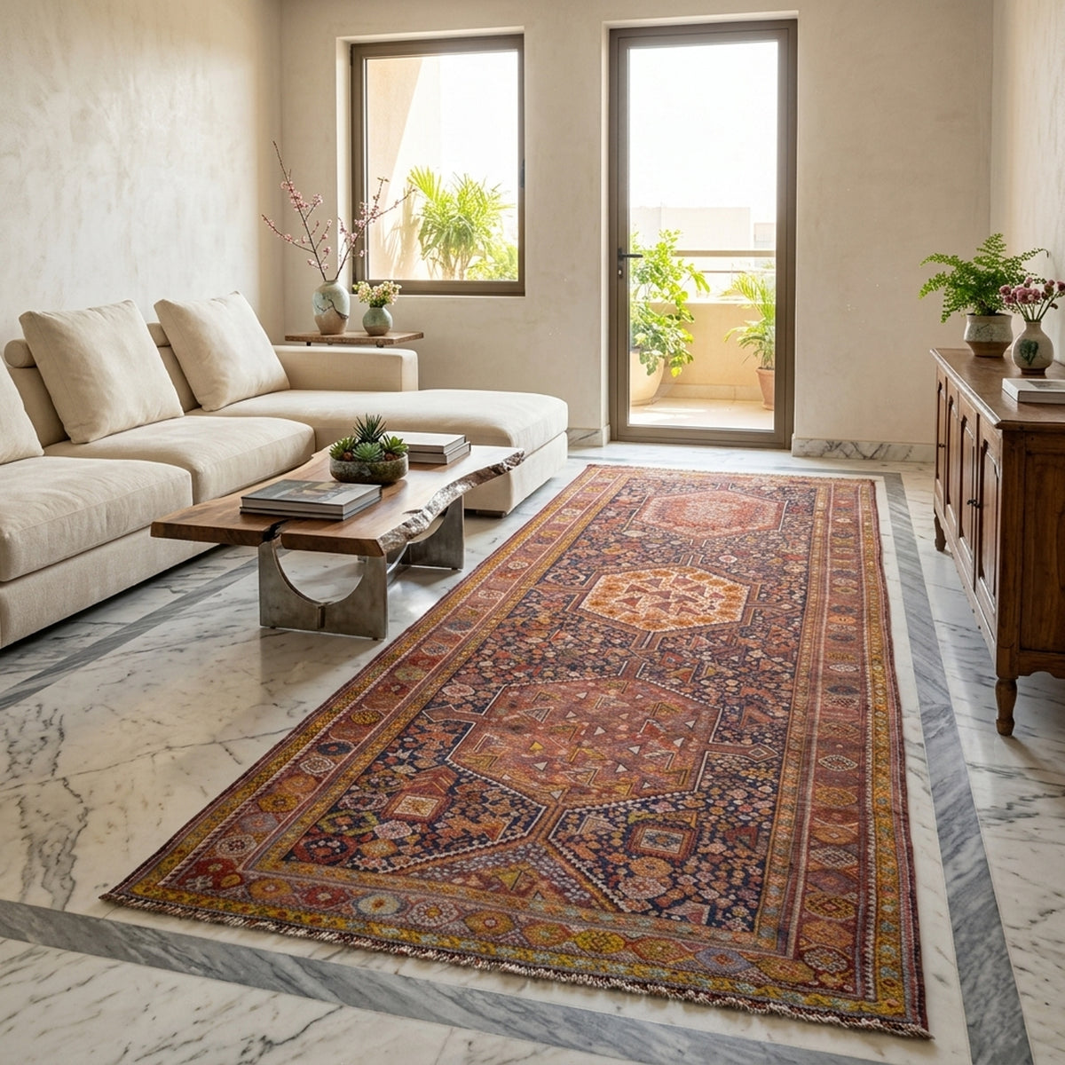 Orientteppich 455x194 cm mit Medaillonmuster in Rostrot, Blau und Gelb