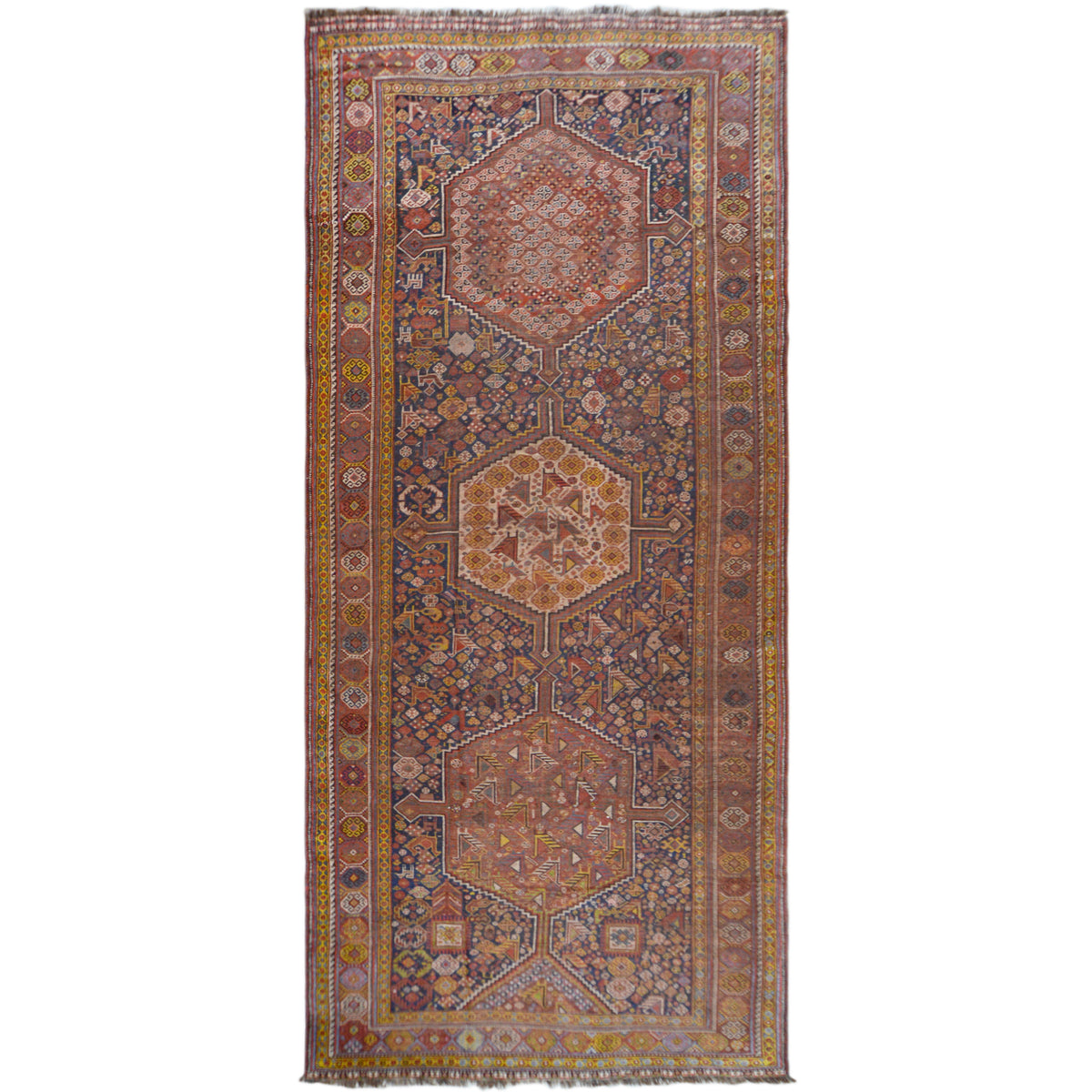 Orientteppich mit Ornamentmuster in Rostrot, Blau und Gelb, 455x194 cm