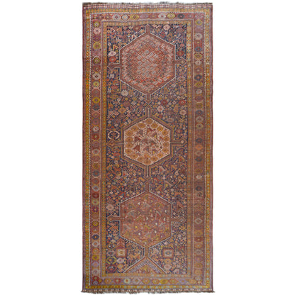 Orientteppich mit Ornamentmuster in Rostrot, Blau und Gelb, 455x194 cm