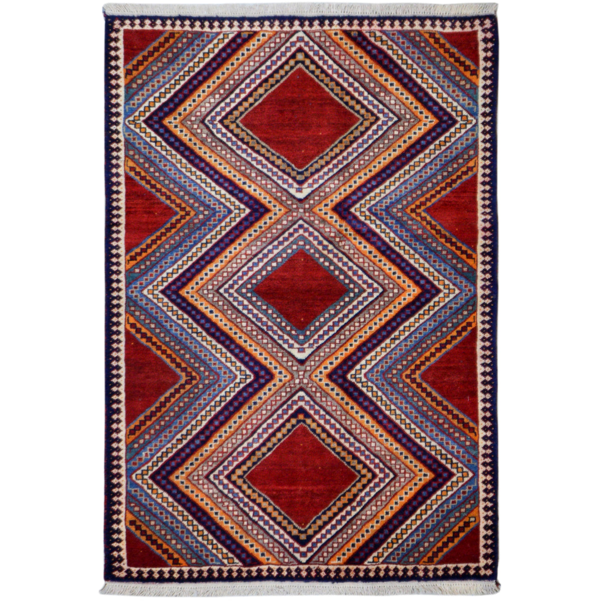 Shiraz-Teppich mit geometrischem Zickzack- und Diamantmuster in Rot, Blau und Beige