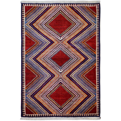 Shiraz-Teppich mit geometrischem Zickzack- und Diamantmuster in Rot, Blau und Beige