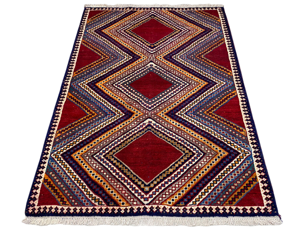 Shiraz-Teppich, flach gewebt, mit großen Diamanten im Zickzackmuster, Rot und Blau