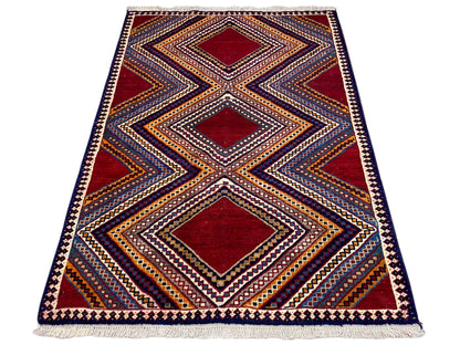 Shiraz-Teppich, flach gewebt, mit großen Diamanten im Zickzackmuster, Rot und Blau