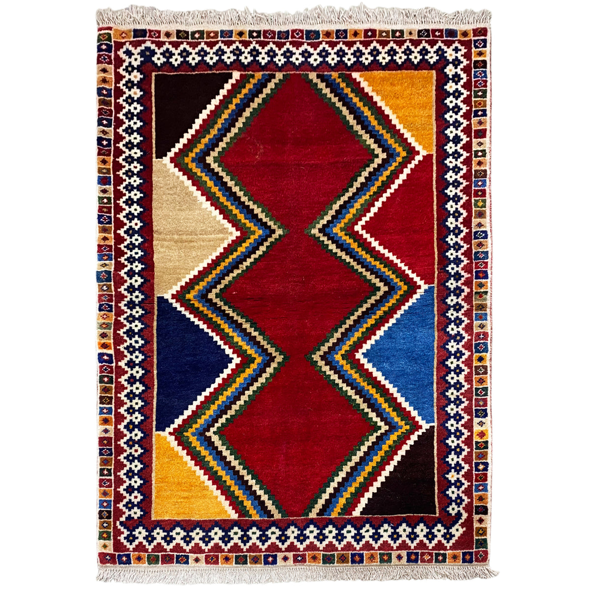 Shiraz-Teppich mit geometrischem Rauten-Design in Rot, Blau und Beige, rechteckig, Fransen.
