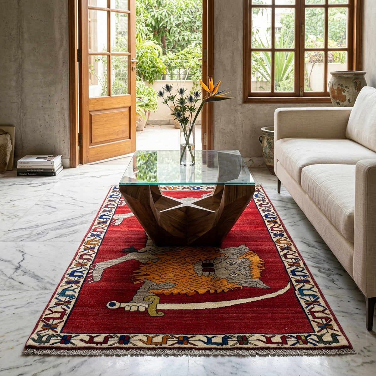 Teppich auf dem Boden mit rotem Rahmen, blauen Ornamenten und zentralem Tiermotiv