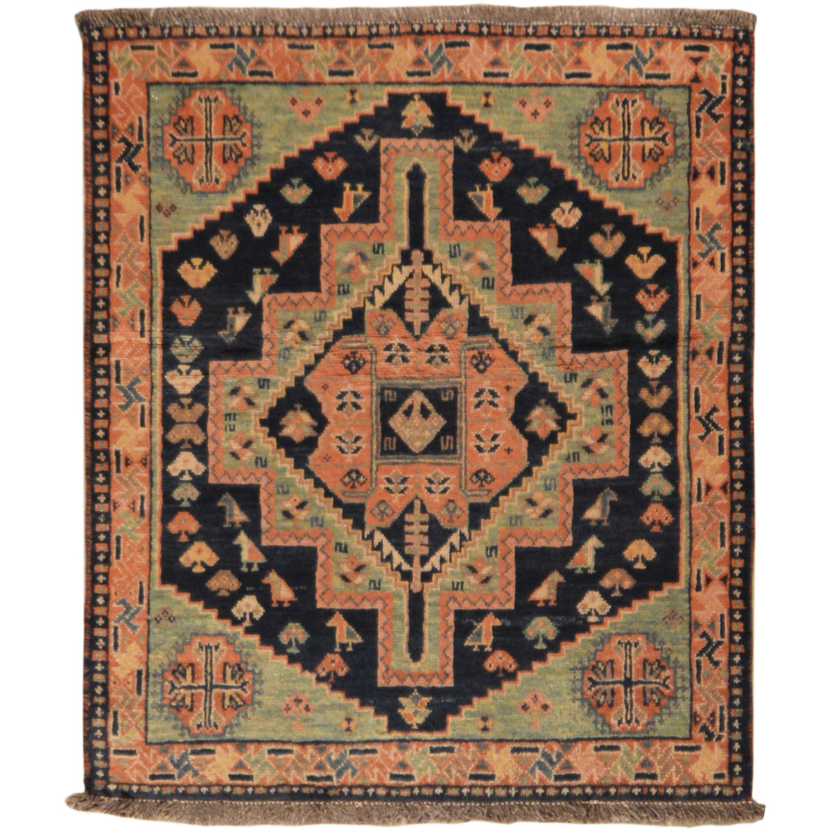 Orientteppich mit geometrischem Muster in Orange, Blau und Schwarz, rechteckig, mit Fransen