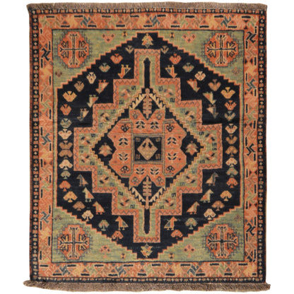 Orientteppich mit geometrischem Muster in Orange, Blau und Schwarz, rechteckig, mit Fransen